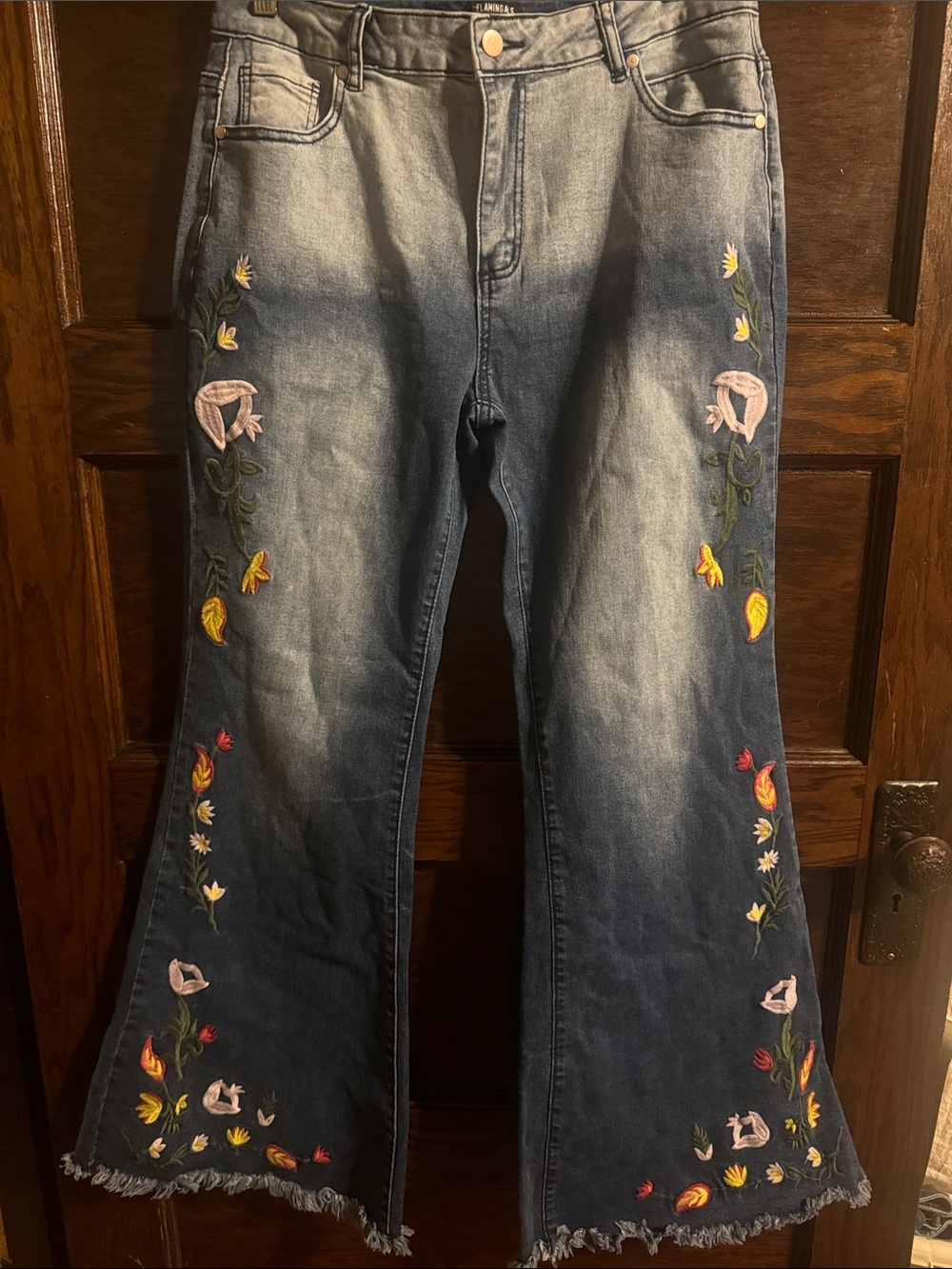 Embroidered Wide-Leg Denim Jeans - Blue